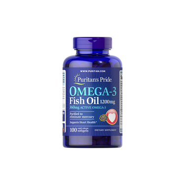 A blue bottle of Puritan's Pride Omega-3 Fish Oil, 1200 mg (360 mg Active Omega-3), 100 rapid release softgels, promotes heart health and cognitive function, and is mercury-free.